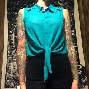 Forever 21 teal green sheer button down blouse